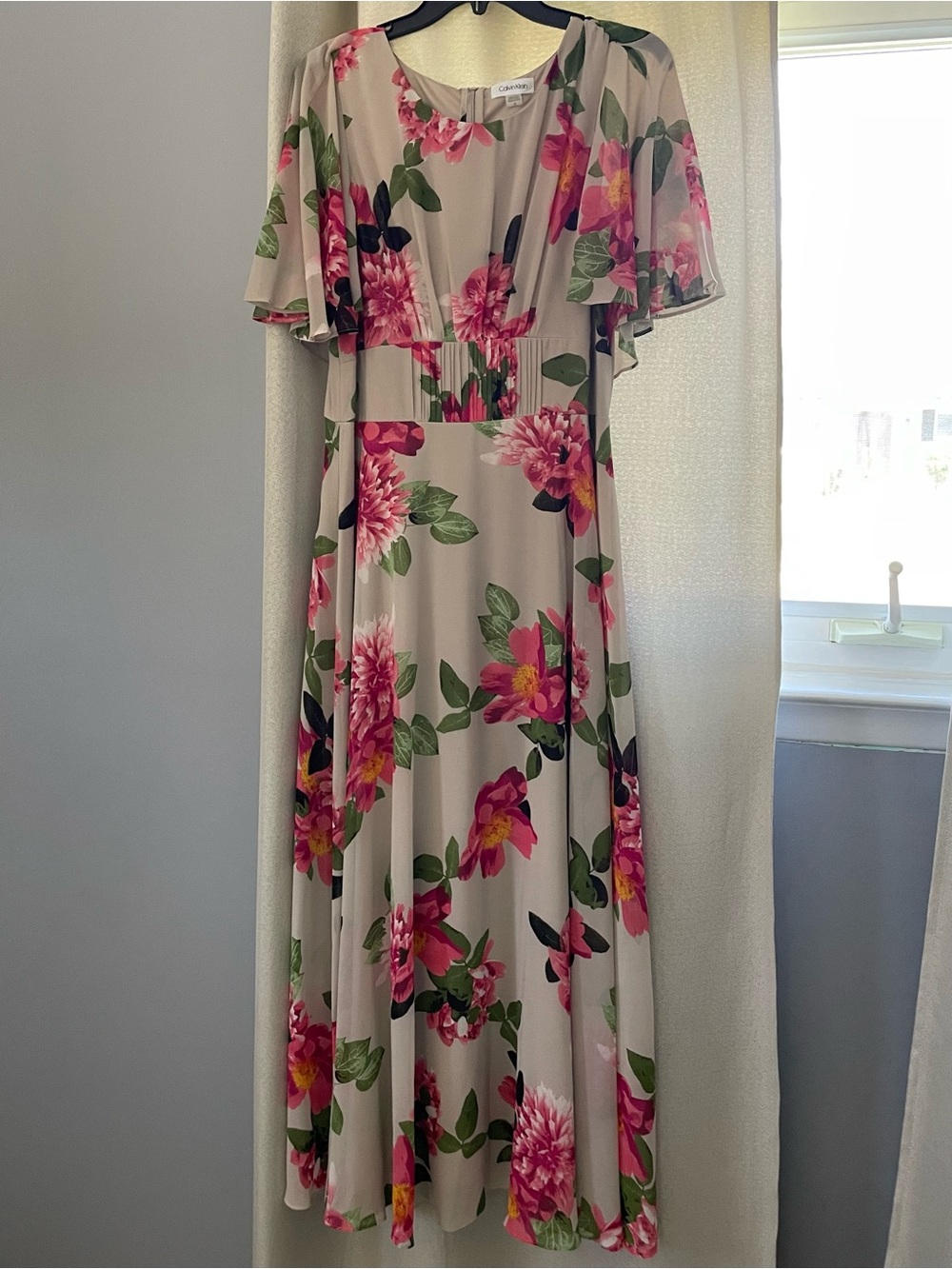 Calvin Klein Floral Maxi Dress in Beige with Pink & Green Flowers